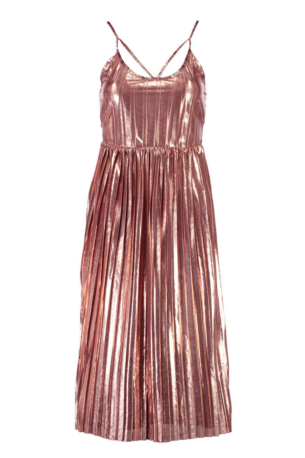 Metallic pleated midi on sale dress